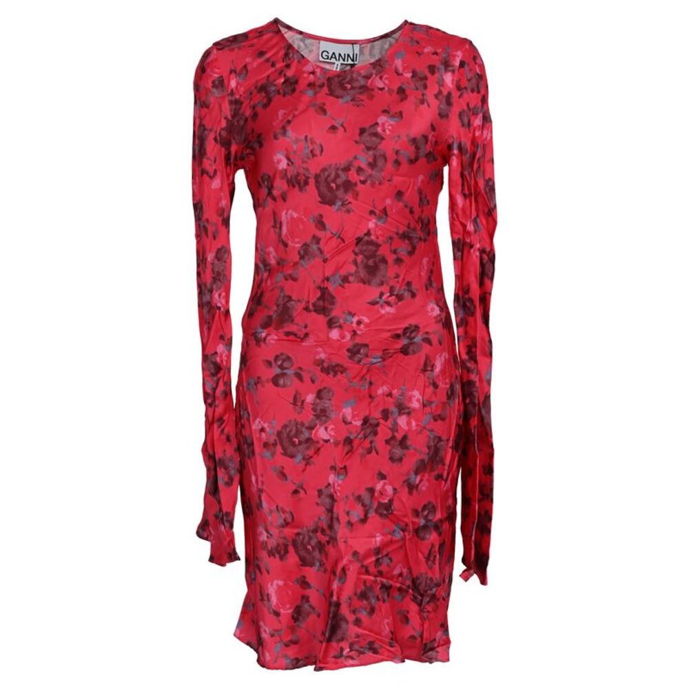 Ganni Floral-Print Long Sleeve Mini Dress in Red Viscose